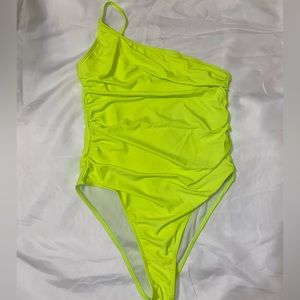 Neon Lime Ruched One Shoulder One Piece Swimsuit